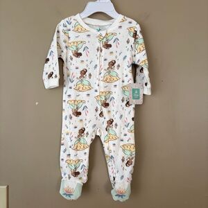 Disney Baby Princess Tiana Zip Up Sleeper Footies Cream Green Baby Girl 3-6M NWT